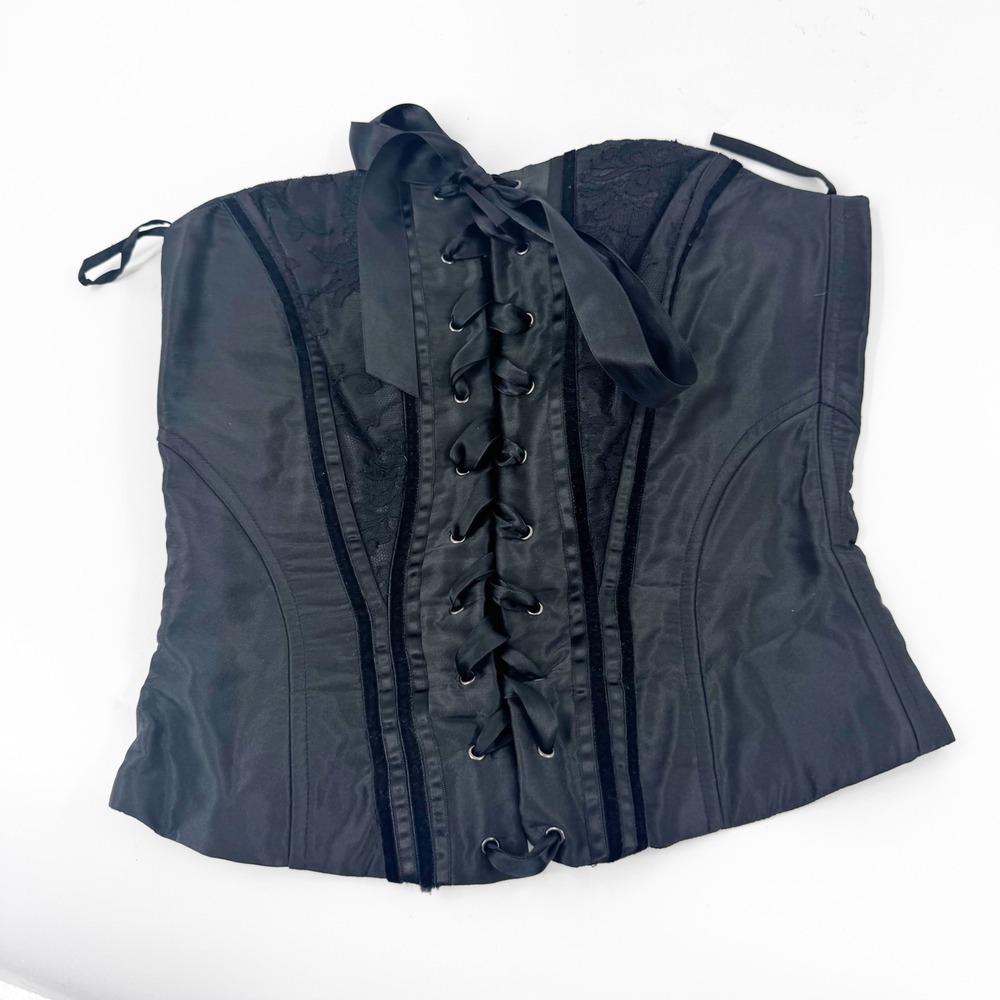 Luisa Spagnoli Pura Seta Black Silk Lace Up Corset Top Velvet Trim Size‎ 40